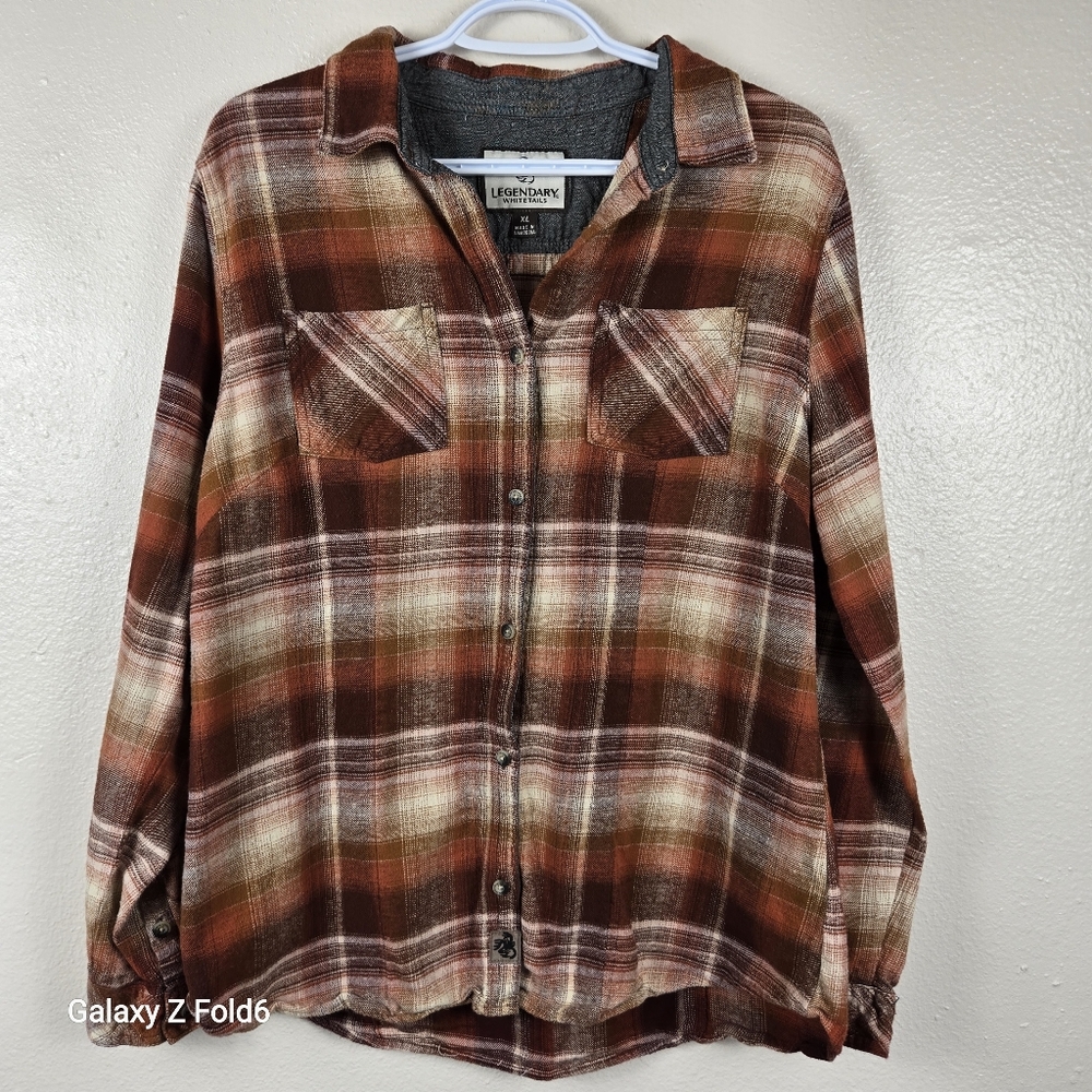 Legendary Whitetails Women’s XL Flannel Shirt Brown Plaid 100% Cotton Fall
